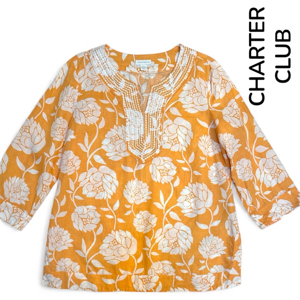 Charter Club Women's Linen Orange Floral Tunic